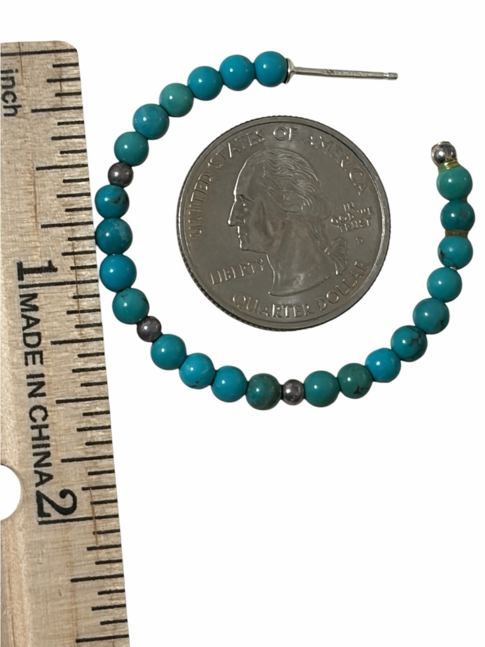 Sterling Turquoise Beaded Hoop Earrings - Picture 6 of 7